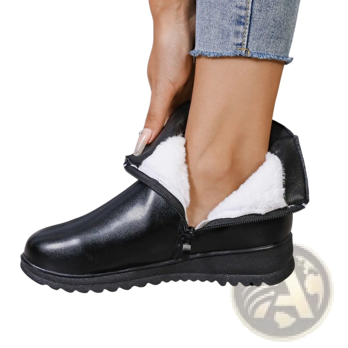 Women's Winter Fleece Ankle Boots Zipper Leather Shoes