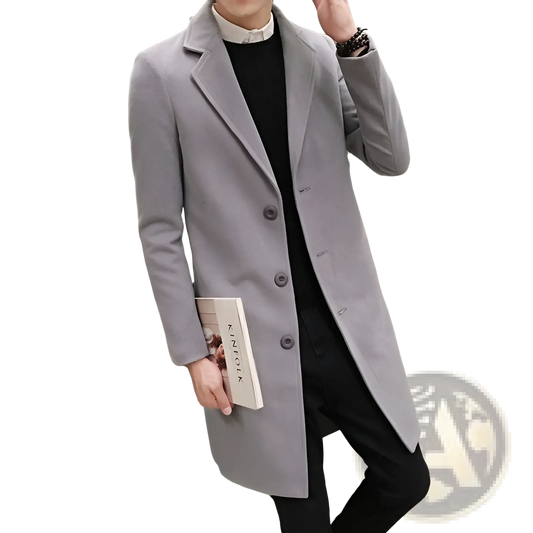Woolen Mens Slim Fit Trench Coat Grey