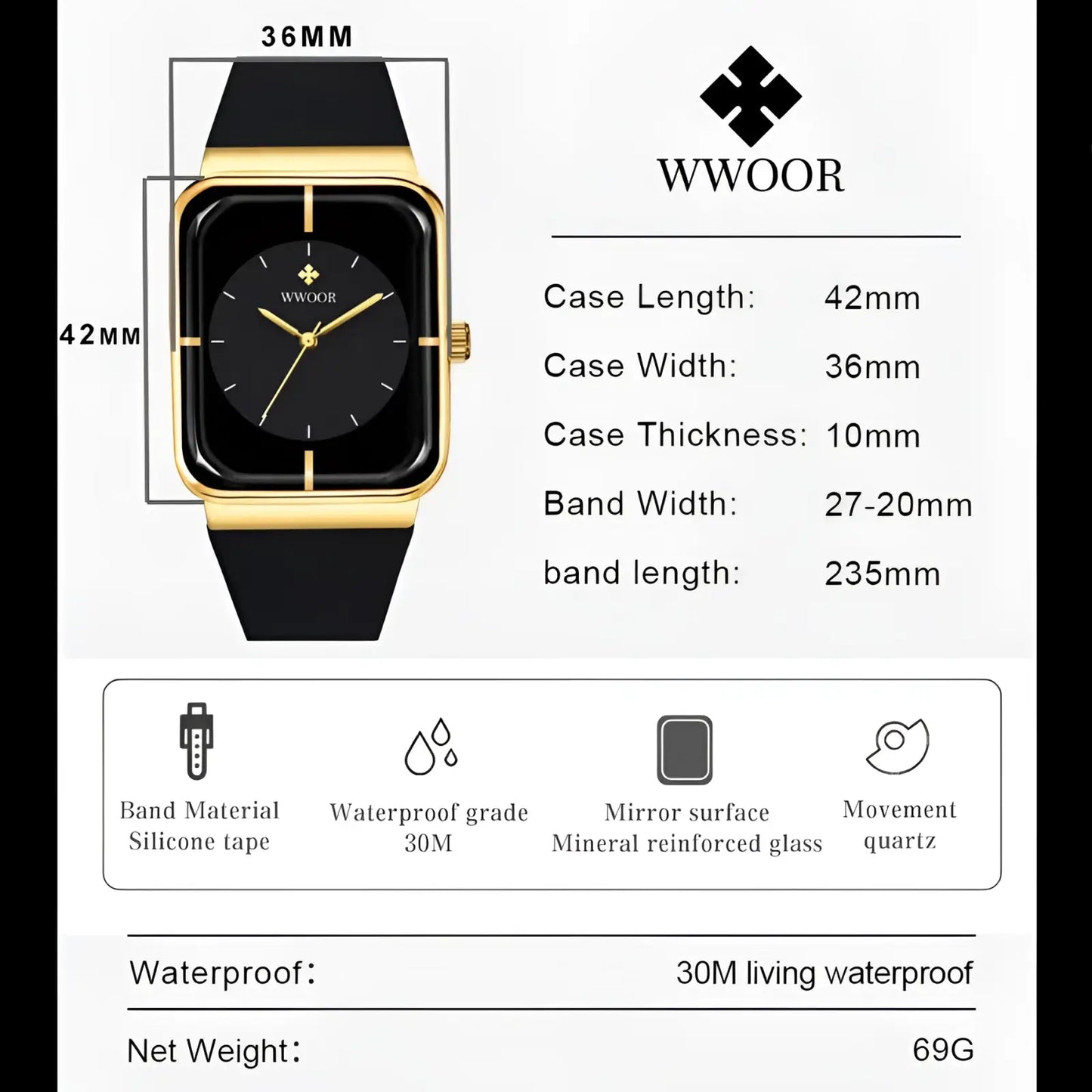 Wwoor Gold Rectangle Quartz Watch